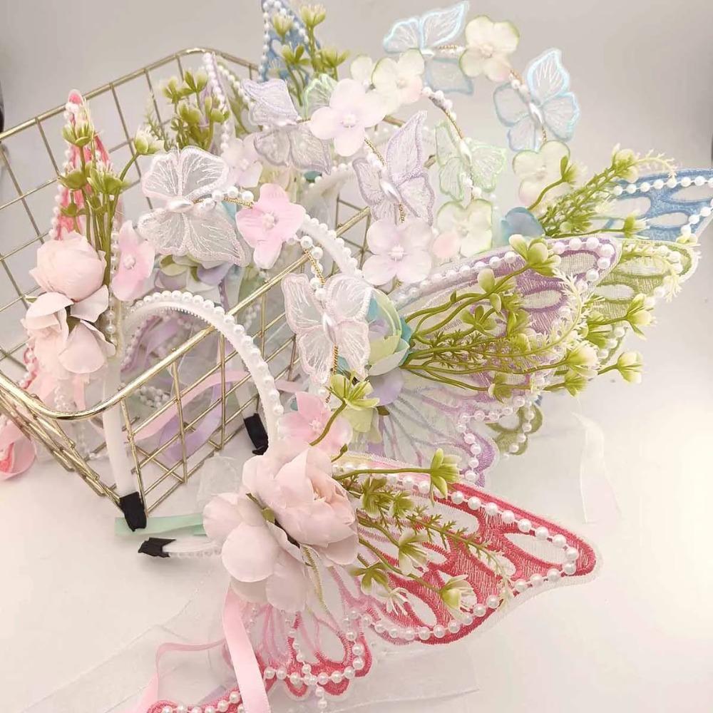 Silk Ribbon Butterfly Flowers Hairband Pearl Beads Decorative Headwear Floral Headwear  Women Wear