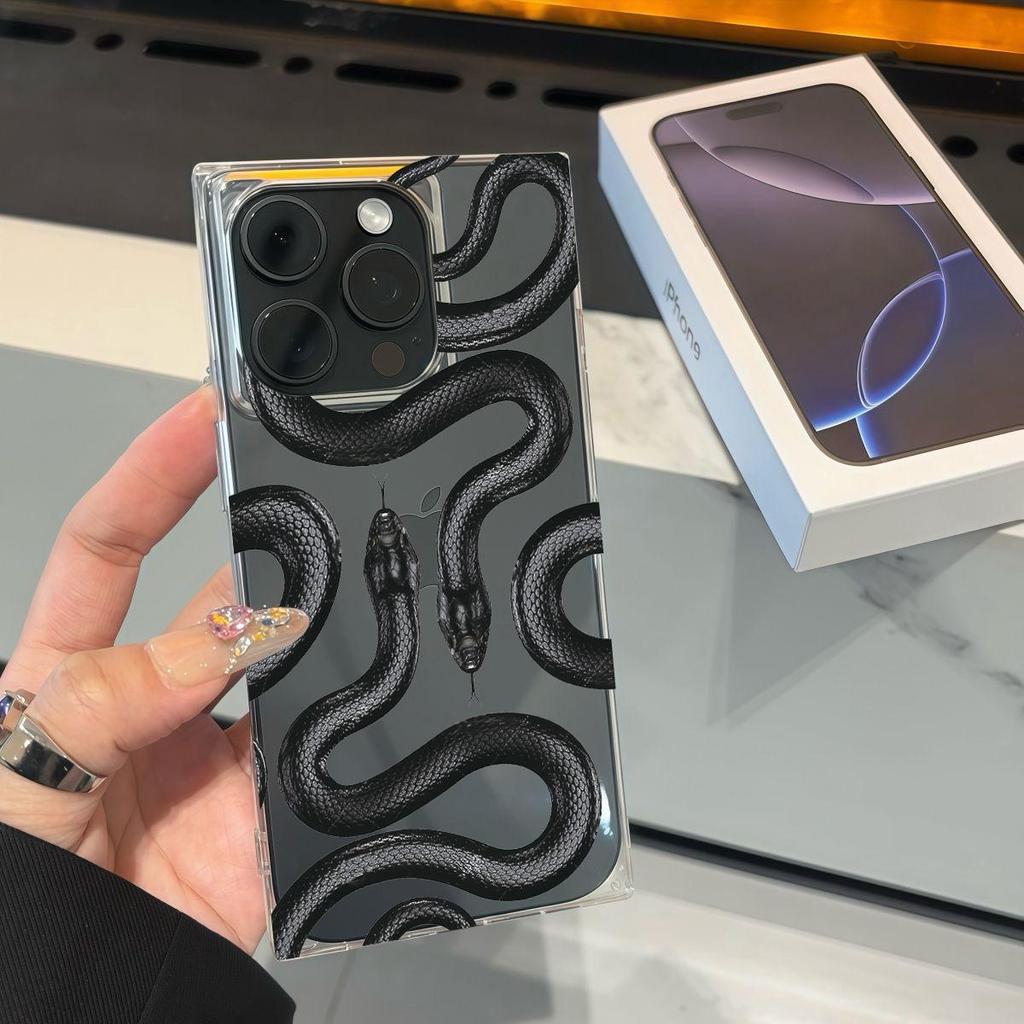 Transparent Square Back Tube Case Casing Protection For iPhone 16 ProMax 15 Plus 14 Pro Max 13 12 11 Anti-Oxygen,Black Mamba Python Pattern