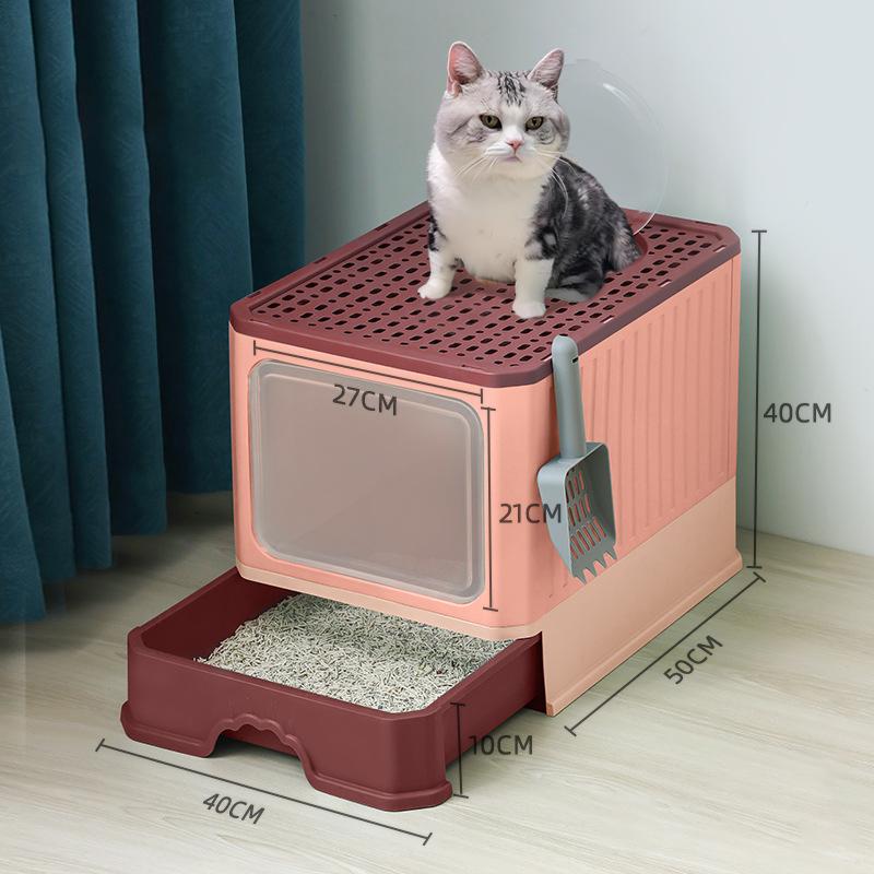 Cat Litter Box Large Enclosed With Lid And Scoop Foldable Design Top Exit Front Entry Odor Control Kitty Toilet Tray