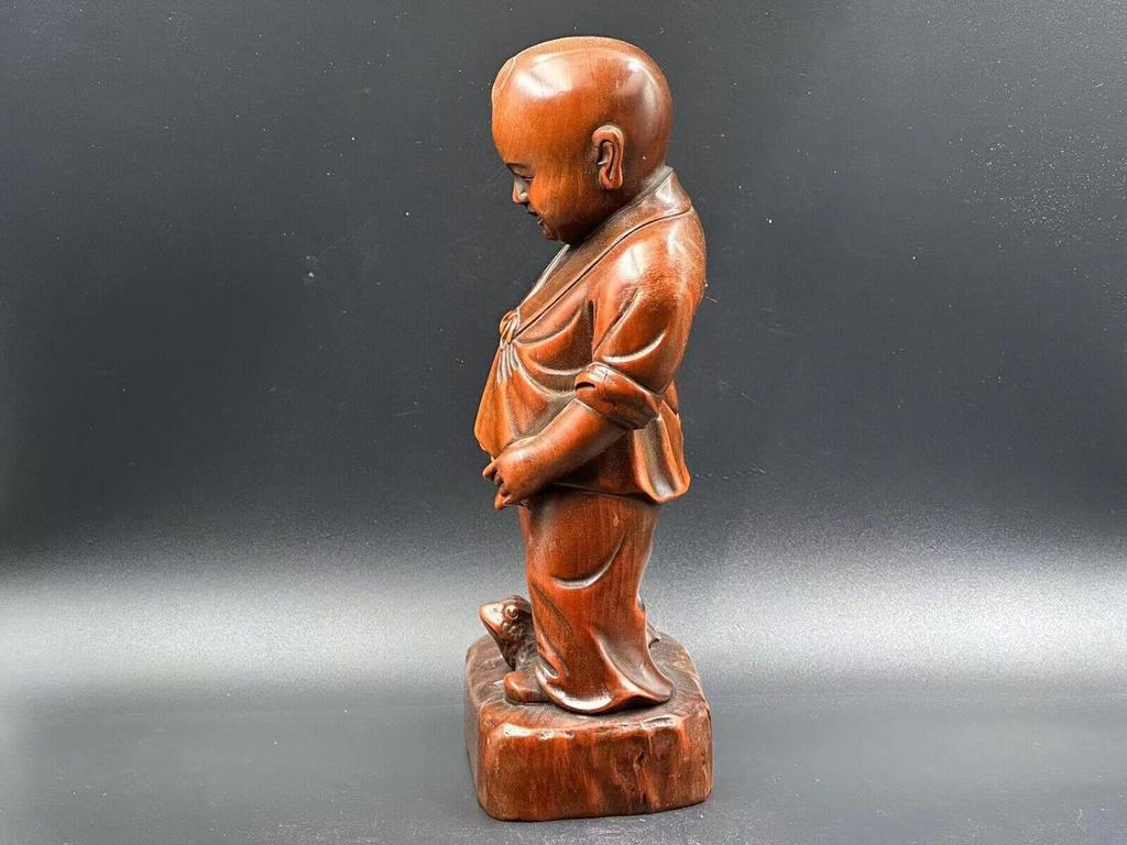 Chinese Vintage Boxwood Carved Exquisite Boy Child Statue Wooden Figurines Art