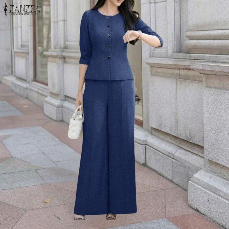 ZANZEA Completo casual da donna con camicetta e pantaloni a maniche 3/4, in due pezzi