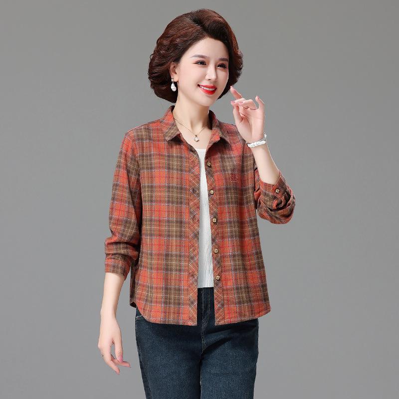 Genuine Autumn Long Sleeve Plaid Cotton Shirt for Middle-Aged & Elderly Women