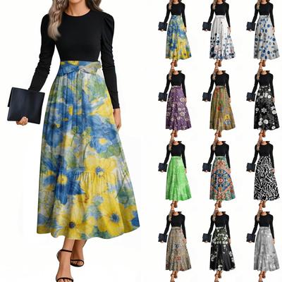 Women's Fashion Casual Belted Long Sleeve Round Neck Floral Printed Elegant Temperament Dresses