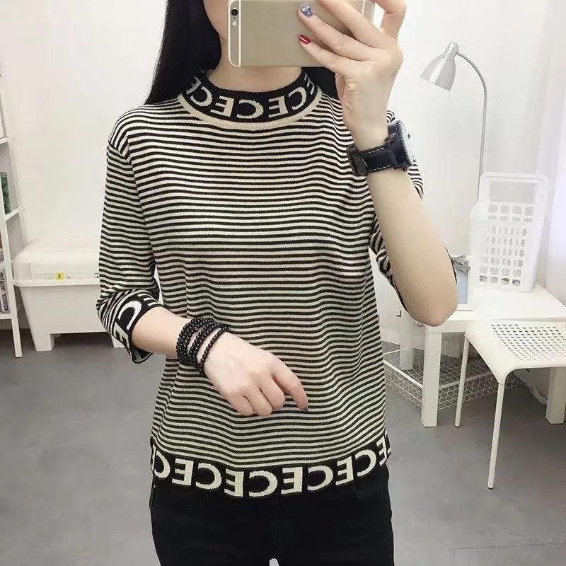 Slim Three-quarter Sleeve Mercerized Cotton Letter Half Turtleneck Sweater T-shirt Top for Women Spring and Autumn Korean