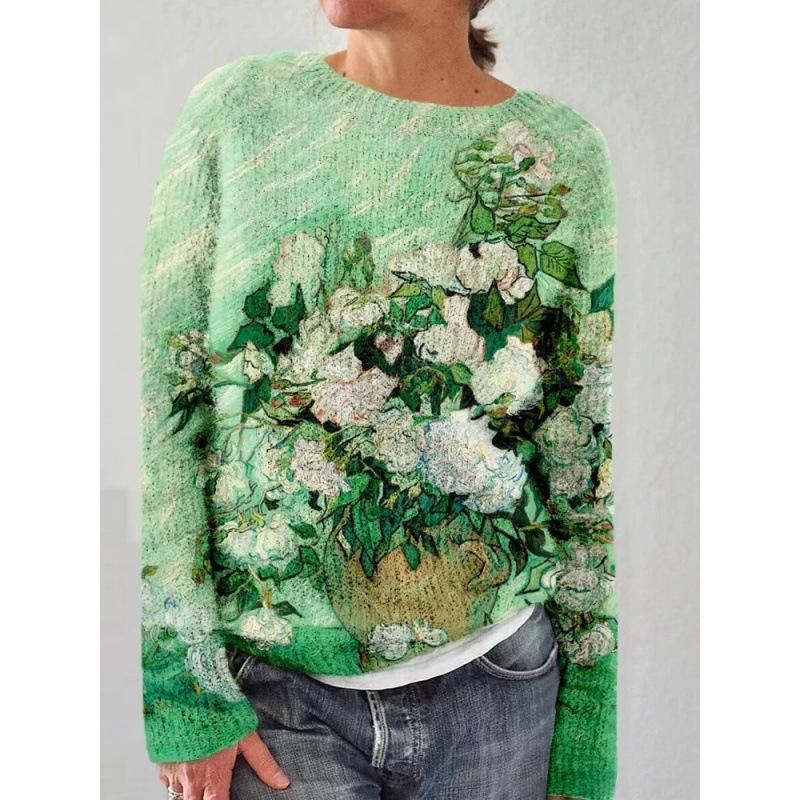 Spot 3D Printed Women's Floral Pattern Pullover Hoodie Without Hat Casual Loose Long Sleeved Top