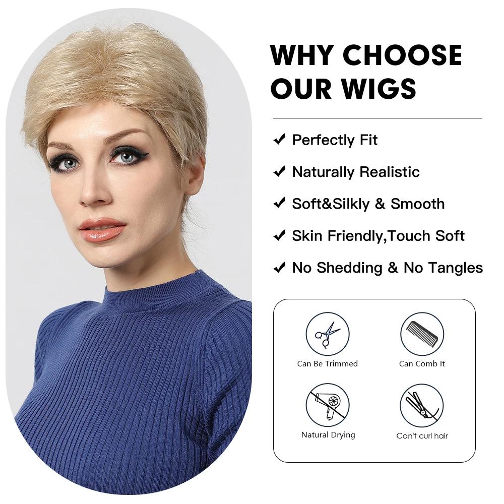 LOUIS FERRE Light Golden Blonde Pixie Cut Synthetic Wigs for Women Short Straight Layered Hair Wigs With Bangs for Daily Use