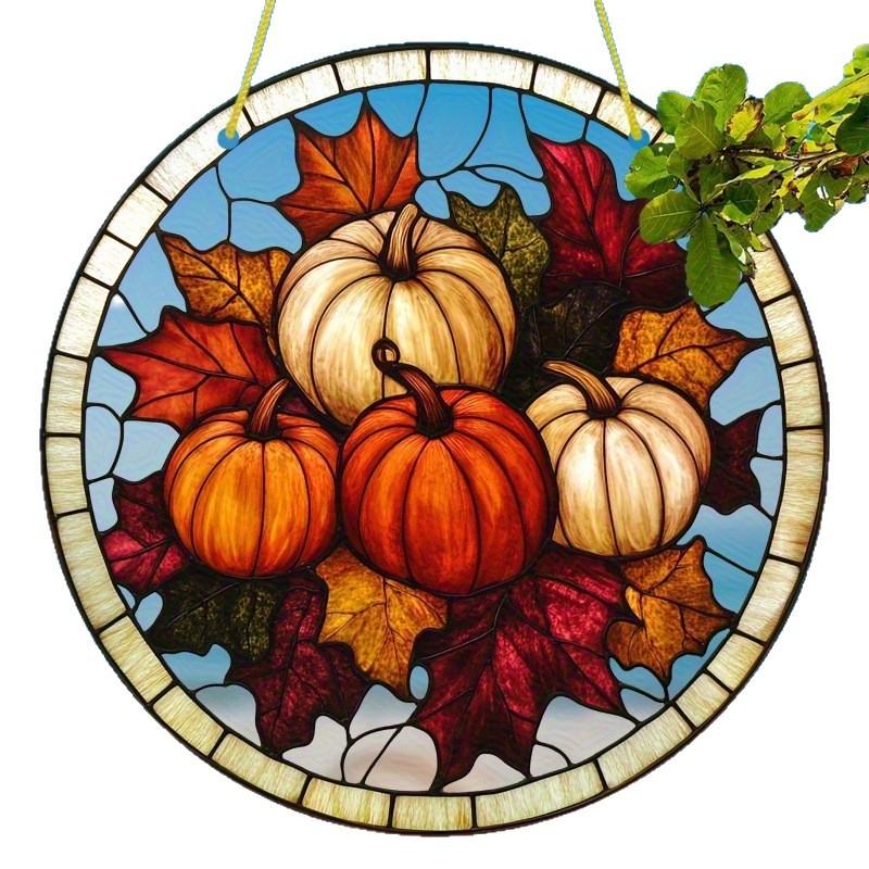 1pc Autumn Pumpkin Sun Catcher - Round Acrylic Stained Glass Style Window Hanging Decor with Pumpkins, Four Seasons Decoration, Novelty Home Decor