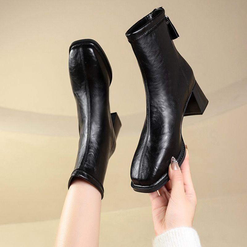 Cizme subțiri cu vârf pătrat, toc gros, toc mediu, temperament de zână, cizme scurte de damă, toamnă și iarnă, noi, versatile
