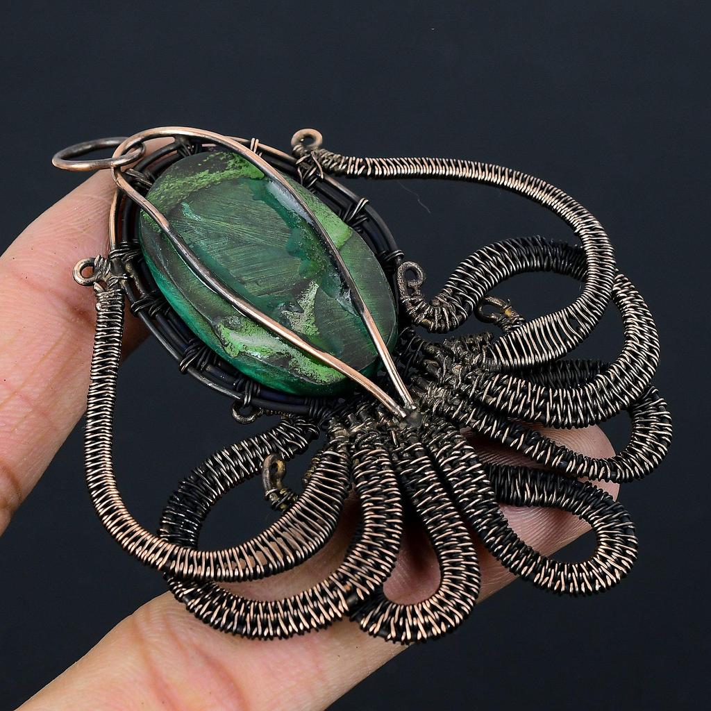 Malachite Gemstone Pure Copper Wire Wrapped Handmade Pendant Octopus Shaped Jewelry Gift