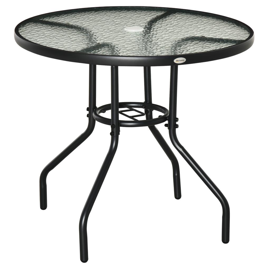 80 cm Round Dining Table with Parasol Hole, Outdoor Coffee End Side Table with Tempered Glass Top, Steel Frame for Garden, Black