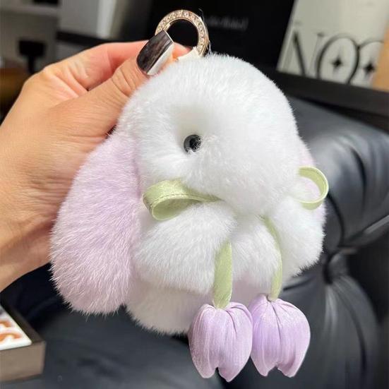 Plush Bunny Keychain Mini Fluffy Rabbit Key Ring Backpack Schoolbag Hanging Decoration Bag Charm Purse Pendant Women Girls Gift