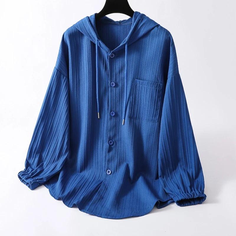 Long Sleeve Lightweight Loose Women Shirt Hooded Sun Protection Versatile Blouse Spring Autumn Retro Casual Solid Shirt