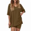 Women Two Piece Loungewear Set V Neck Short Sleeve Top and Shorts Relaxed Fit Soft Fabric Casual Outfit for Home or Daily Wear