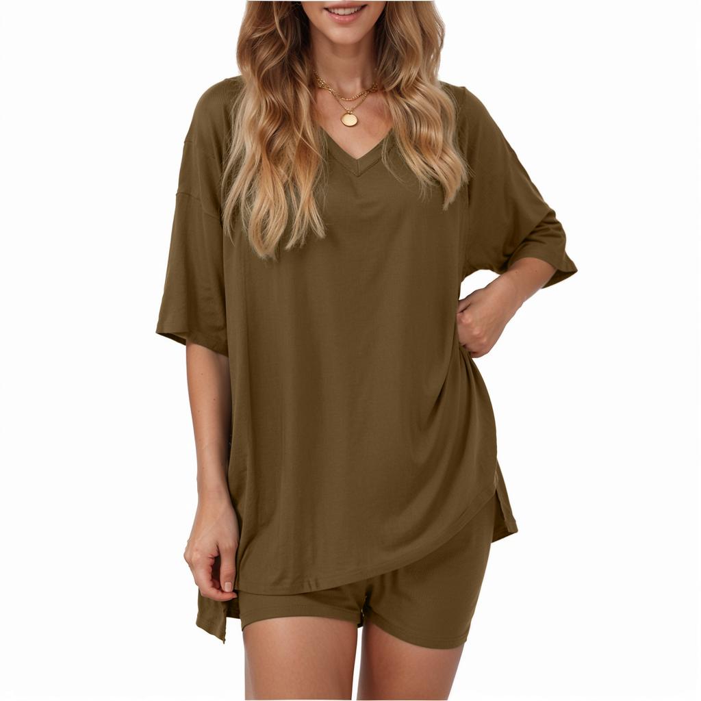 Women Two Piece Loungewear Set V Neck Short Sleeve Top and Shorts Relaxed Fit Soft Fabric Casual Outfit for Home or Daily Wear