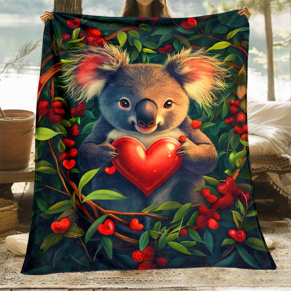 Koala Bear Holding Big Red Heart Forest Berry Blanket Soft Flannel Throw Valentine s Day Gift Cute Animal Design 75x90cm