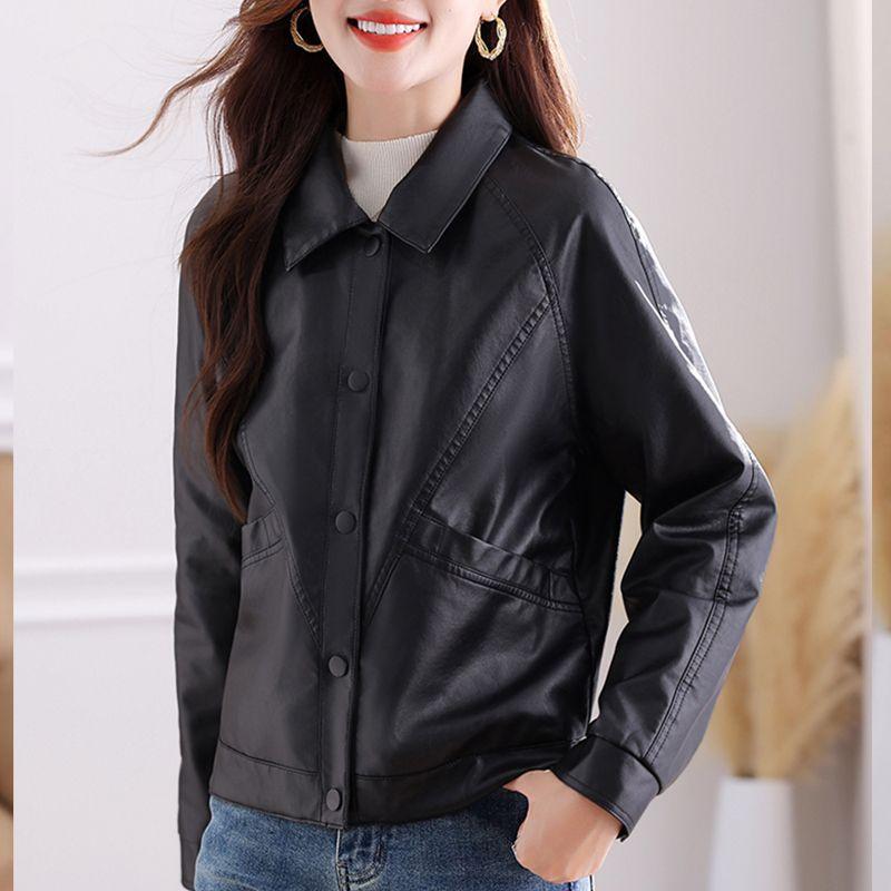 

Кожаная куртка женская короткая весенне-осенняя женская с лацканами из искусственной кожи M чёрный