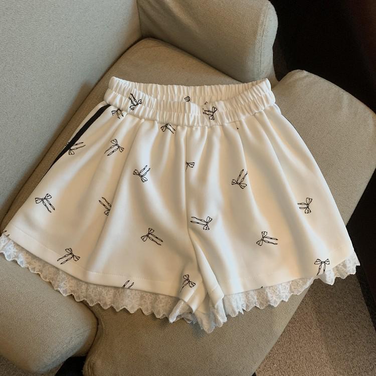 Women's Elastic Waist Lace Bowknot Print Summer Casual Wide Leg Shorts