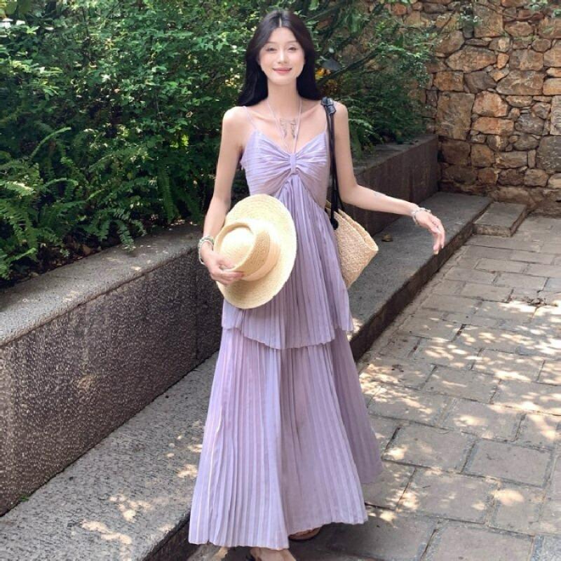 Casual Holiday Grid Sweet Spice Girl Pleated Design Fake Two-piece Suspender Dress Medium and Long Pleated Skirt Women s Clothing S фиолетовый