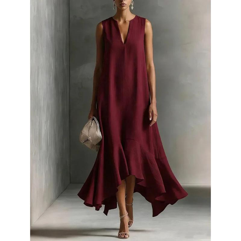 European and American women's clothing, sleeveless solid color collar, irregular hem, dress, long dress.