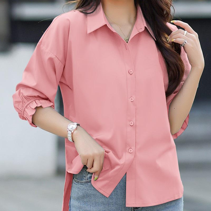 ZANZEA Women Casual Turn Down Collar Loose 3/4 Sleeve Hight Low Blouse