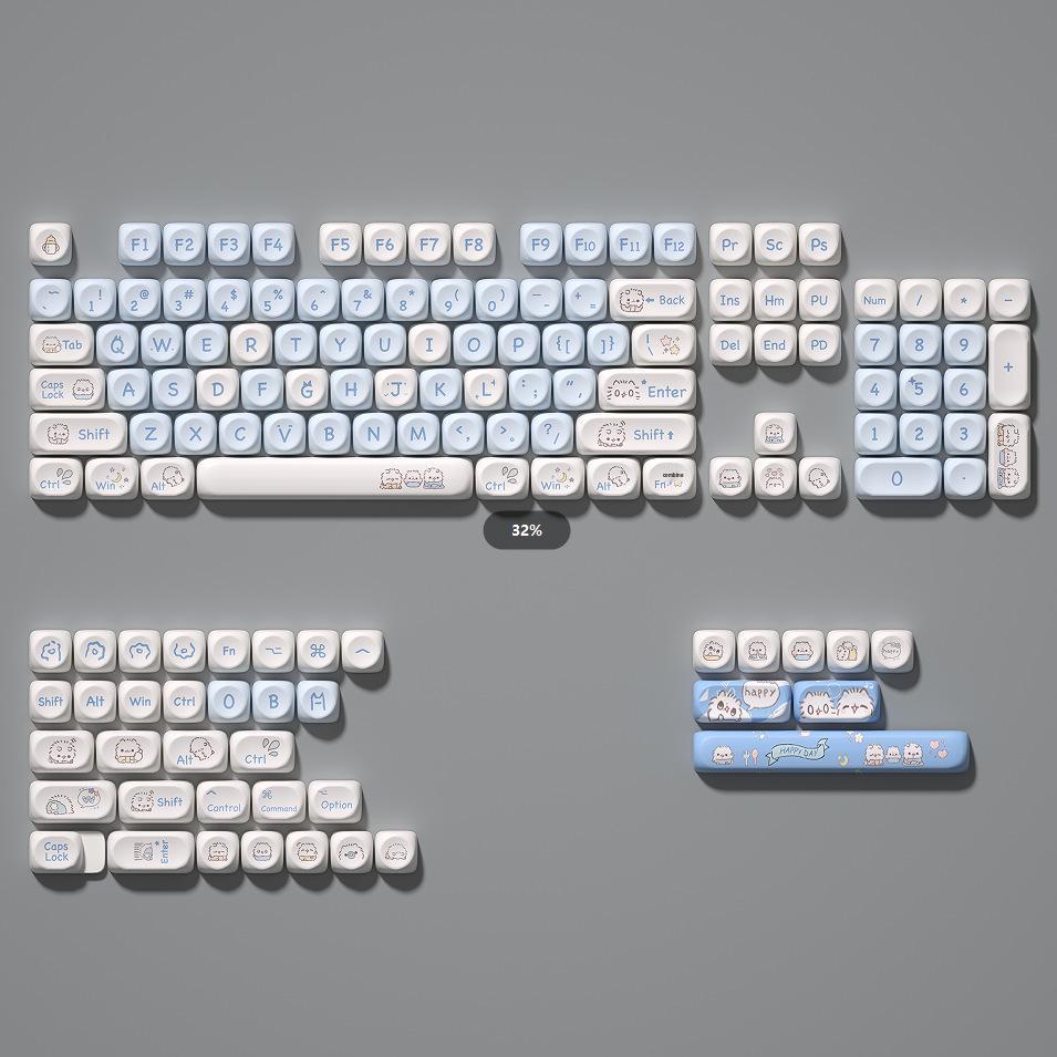 Blue Cute Cartoon Bear Keycap Set - Ice Cream Theme, 75-98 Keys, Highly Sublimated for Mechanical Keyboards