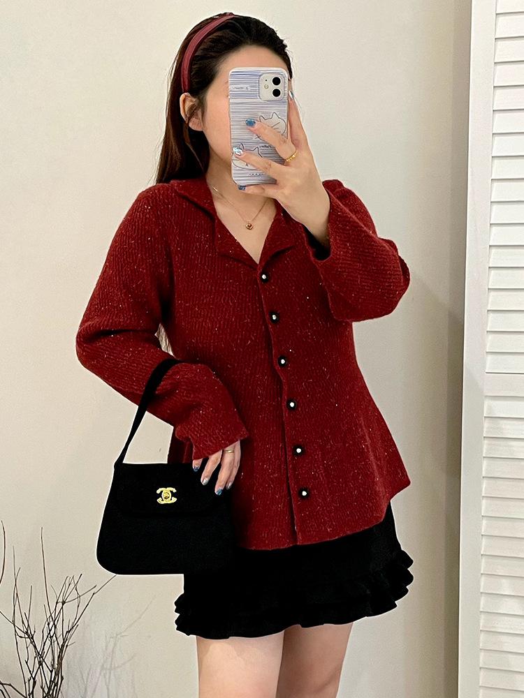 Plus Size Elegant Suit Collar Xiang Style Jacket Winter Knit Cardigan for Women