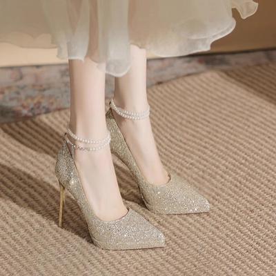 Fashion Thin Heel Shoes Women's Fashion Pointy Shallow Mouth Full Sequin Bead Set Foot Anti-slip Wear-resistant High Heels
