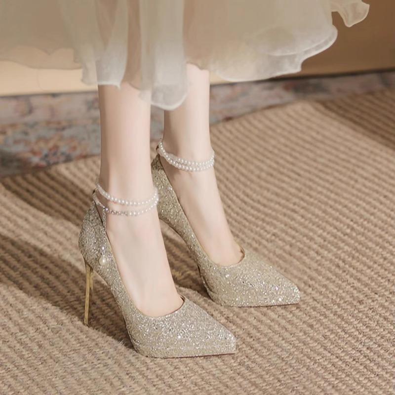 Thin Heel Shoes Women's Pointy Shallow Mouth Full Sequin Bead Set Foot Anti-slip Wear-resistant High Heels