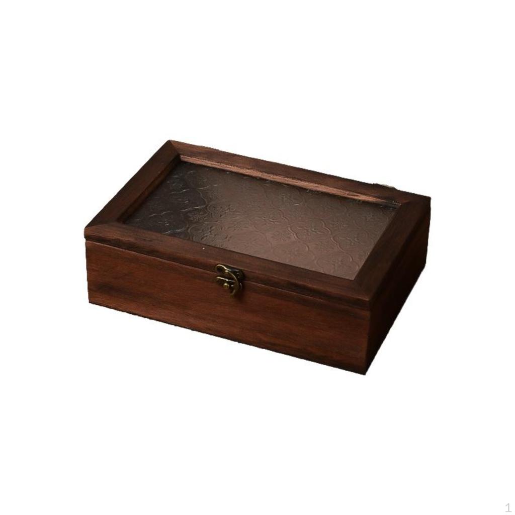Vetrinetta Espositore Vintage in Legno, Ante in Vetro, Organizer da Scrivania, Con Cassetti Marrone Scuro 18x12x7cm