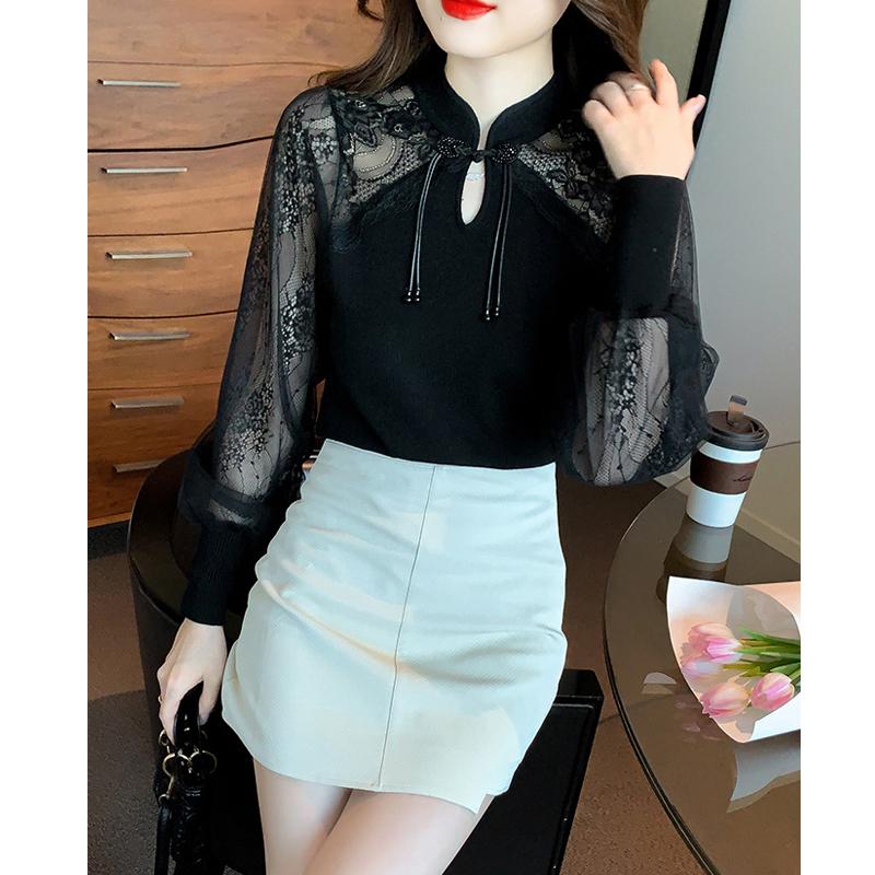 Women Vintage Chinese Style Sexy Sheer Mesh Lace Patchwork Chic T-shirt Female Black Elegant Fashion Long Sleeve Slim Fit Tops