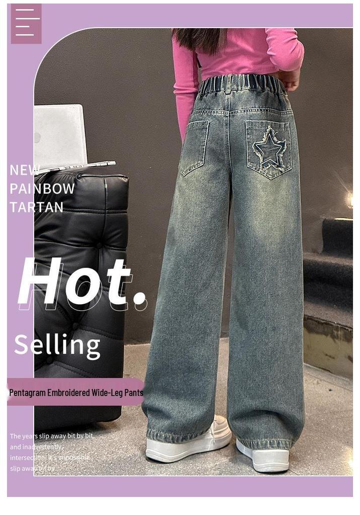 2025 Mädchen High-Waist Weitbeinige Jeans mit Sternen-Aufnähern - Frühling/Herbst Stil für ältere Kinder
