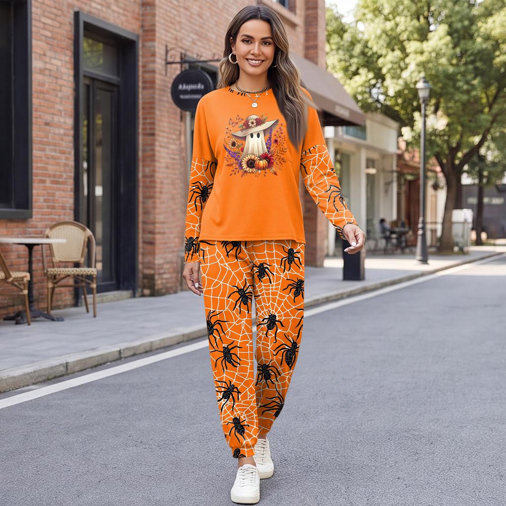 Women's Casual Sweatshirt and Jogger Set with Halloween Print, Round Neck, Loose Fit, Chest Pocket