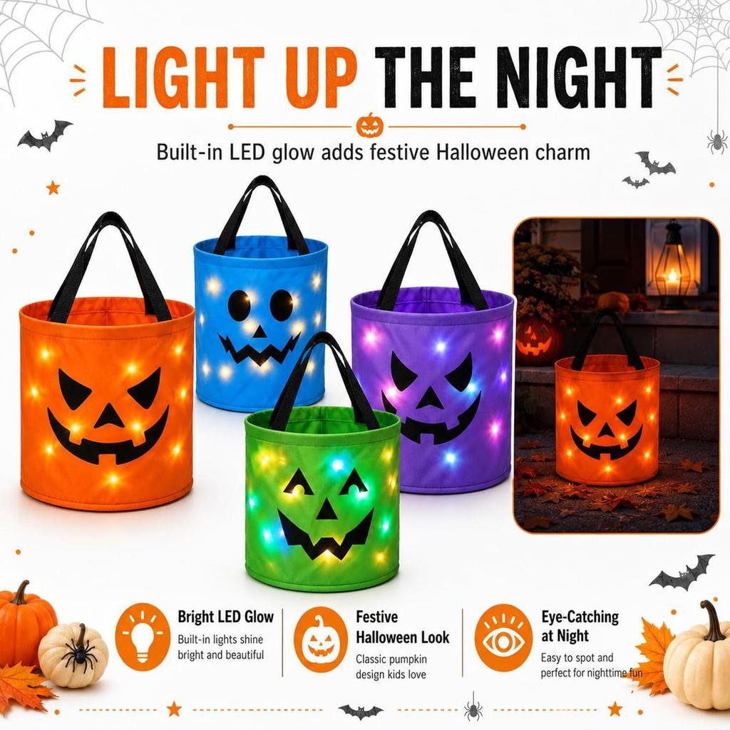 Halloween Luminous Pumpkin Candy Bucket Hand-Held LED Fabric Candy Bag Holiday Party Decoration Gift  Trick Or Treat Bucket