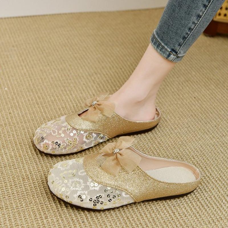 

Fashion Women Mesh Sequins Slippers Outdoor Retro Slides for Girls Flat Heeled Summer Mules Female Bling Shoes with Bow Sweet Sandals 35