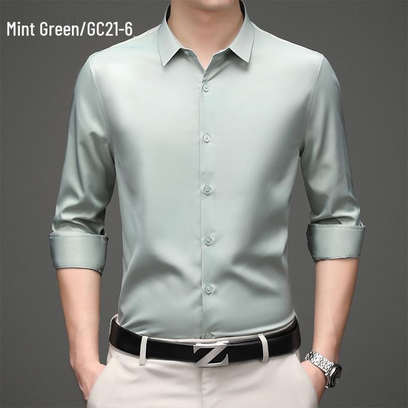 Men's Solid Color Iron-Free Stretch Korean Style Slim Fit Long Sleeve Business Casual Shirt - White