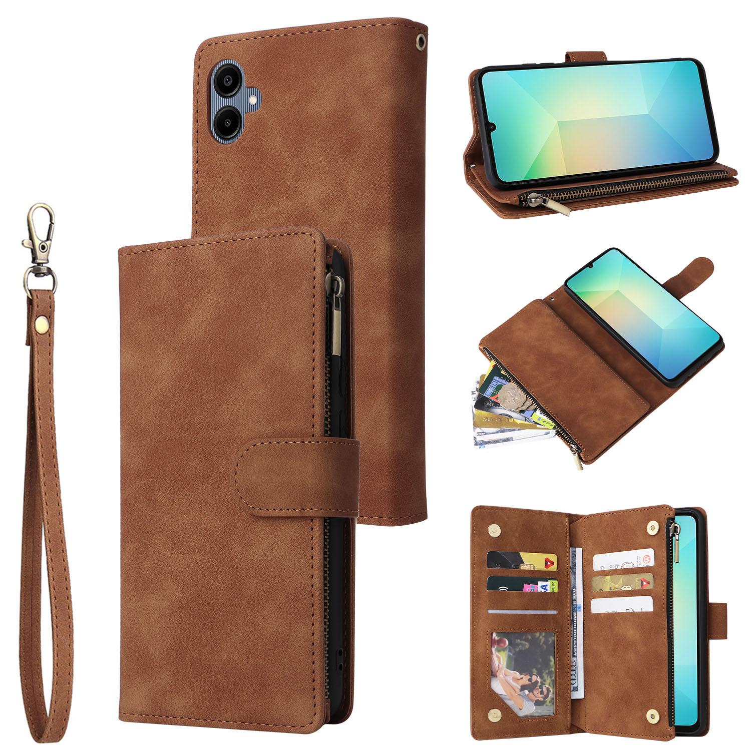 

For Samsung Galaxy A07 4G/A06 4G/A06 5G Case Zipper Wallet Multiple Card Slots Leather Phone Cover with Wrist Strap Brown