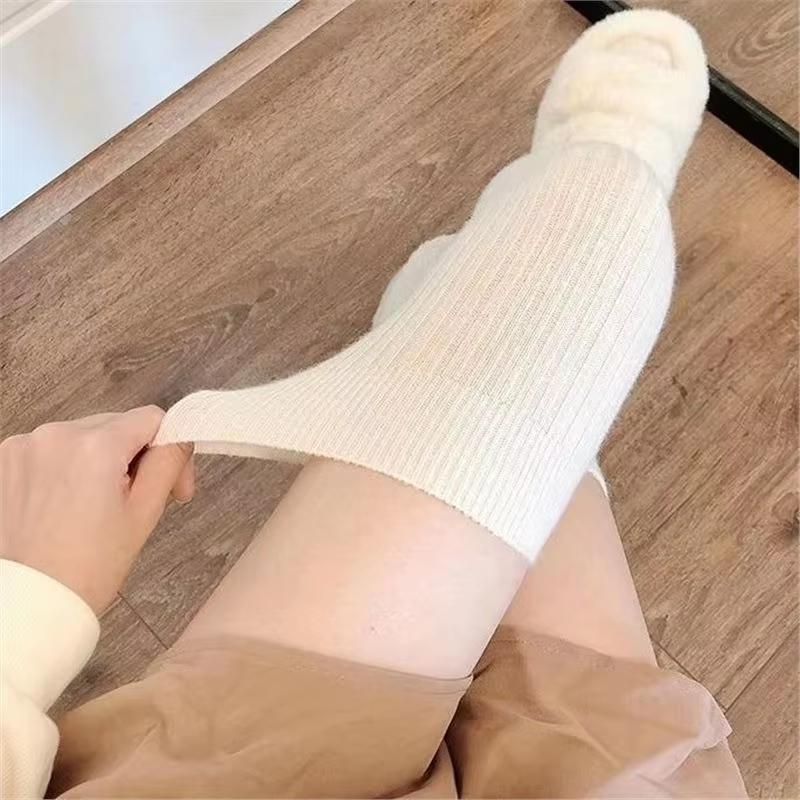 Lange Socken für Damen, Kaschmir, Damenstiefel, einfarbig, Wolle, Oberschenkelstrumpf, dünn, lässig, Baumwolle, über dem Knie, flauschige lange Kniestrümpfe für Damen One Size white