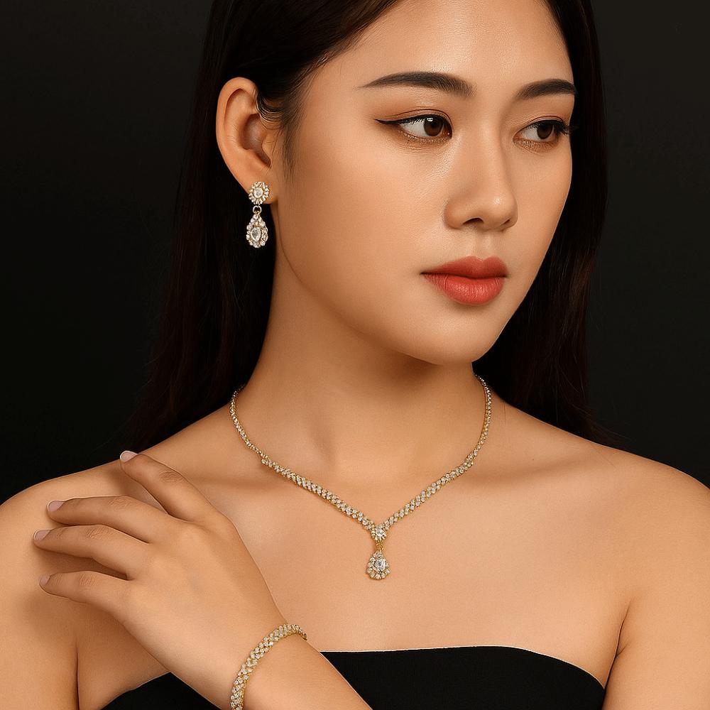 Zircon Necklace Earring Set Luxury Rhinestone Bracelet Trendy Bridal Jewelry Set  Wedding