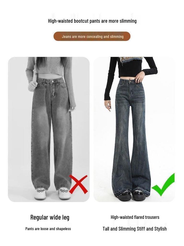 Vintage High-Waisted Non-Clingy Micro-Flare Jeans for Women with Slimming Loose Fit, Fleece-Lined, Raw Edge, Floor-Length, Autumn/Winter Style