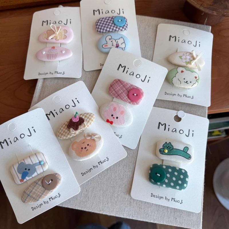 2pcs Cute Cartoon Hairpins Printed Fabric Children's Bangs Side BB Clip for Kids Girls Plaid Hair Clips Hairpin Hair Accessories