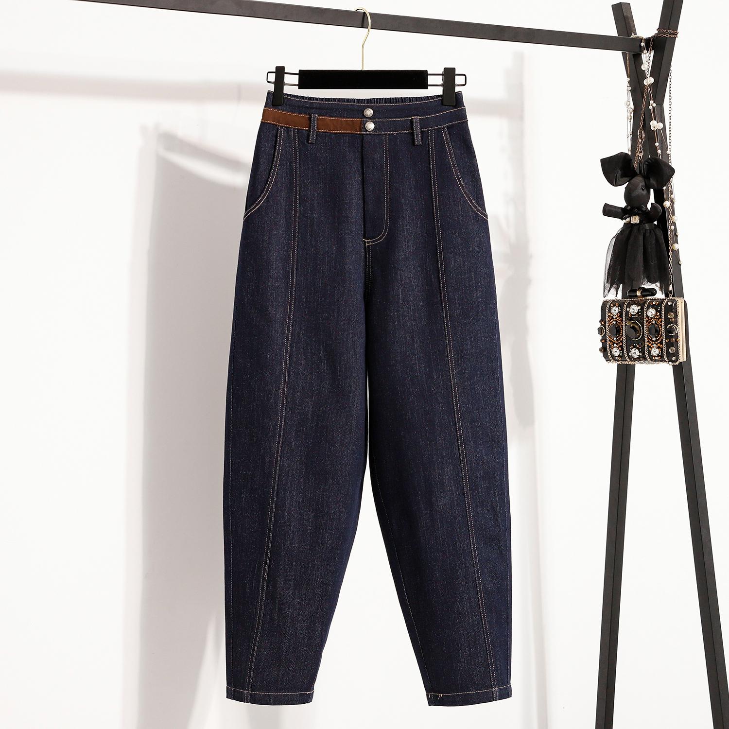 

Dimanaf 2025 Осень Женские Джинсы Большого Размера Брюки Харлен Деним Женский Эластичный Базовый Синий Брюки с Высокой Посадкой Оверсайз Мода Новые Брюки 5XL 5XL темно-синий