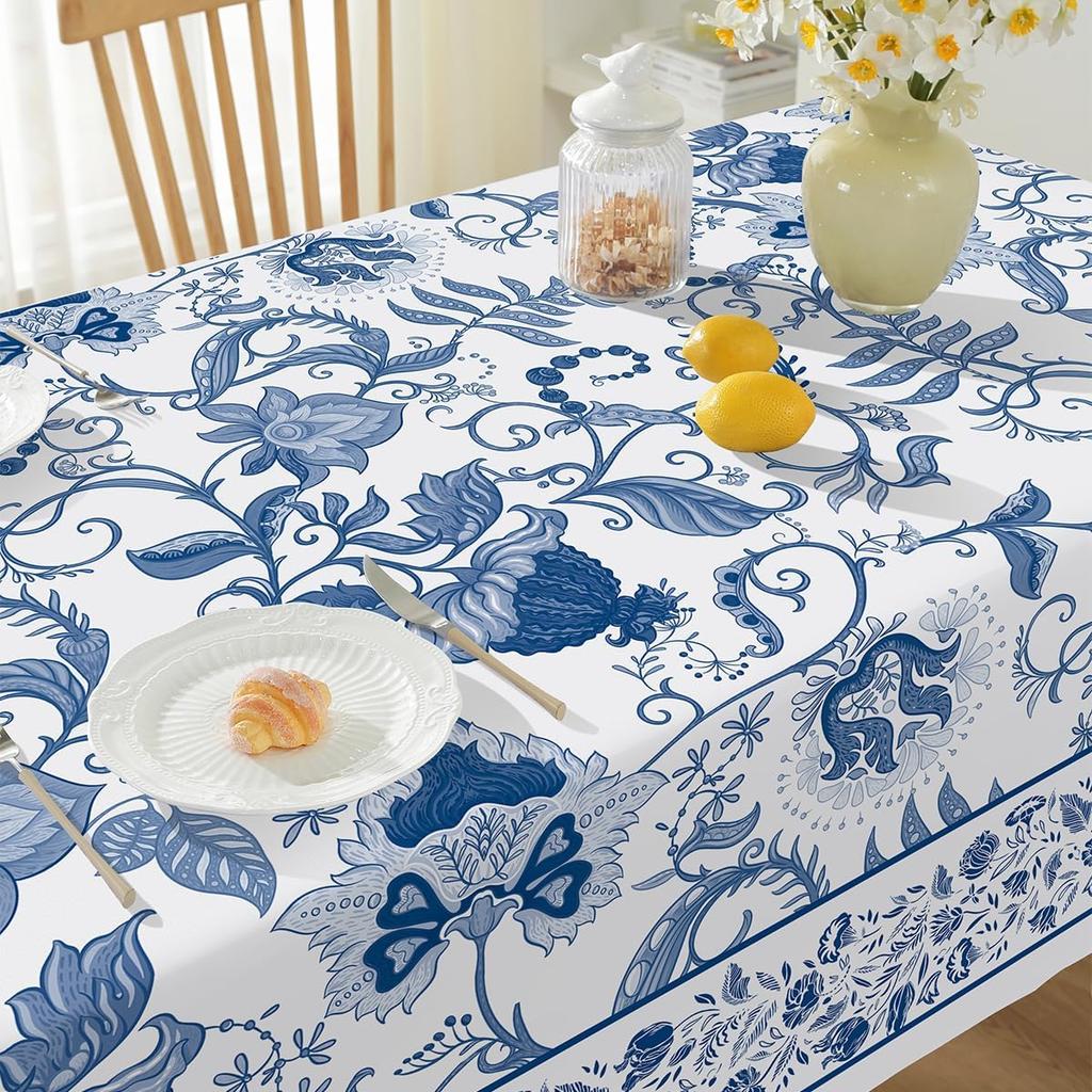 Rechteckige Tischdecke mit blau-weißem Blumenmuster, wiederverwendbar und wasserfest, für Küche, Esszimmer und Feiertage