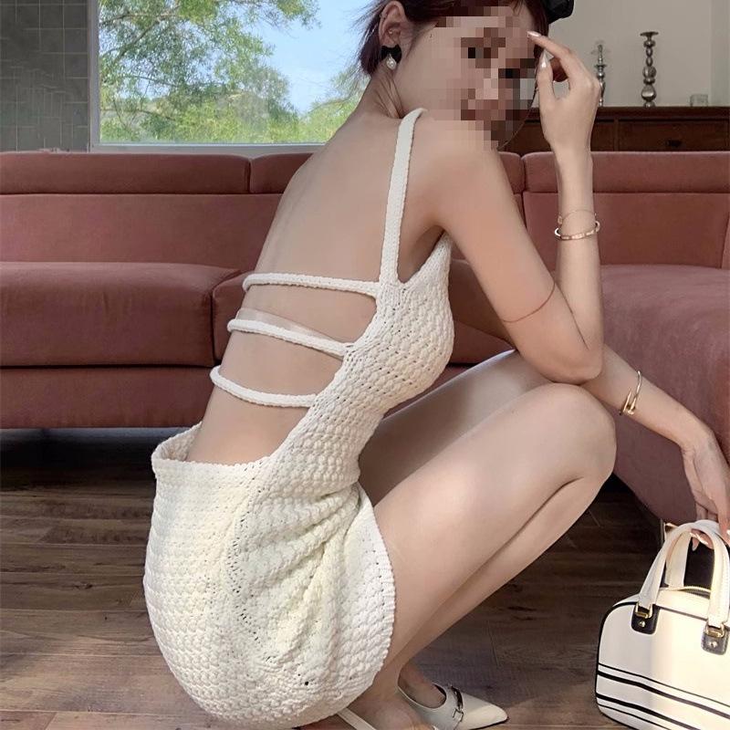 

Spicy White Knit Crochet Backless Bodycon Dress for Women - Chic, Short, Sexy Vacation/Nightclub Style One size белый