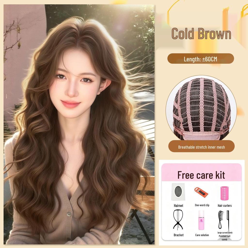 Natural Anti-Shedding Water Wave Long Curly Wig for Women, Linen Brown, Korean Style, Atmospheric Full Wig Cap