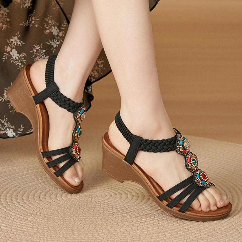 Women'S Boho Wedge Sandals Comfortable Low Heel Wooden Bead Rhinestone Comfortable Wedge Sandal Decorative Shoes For Women