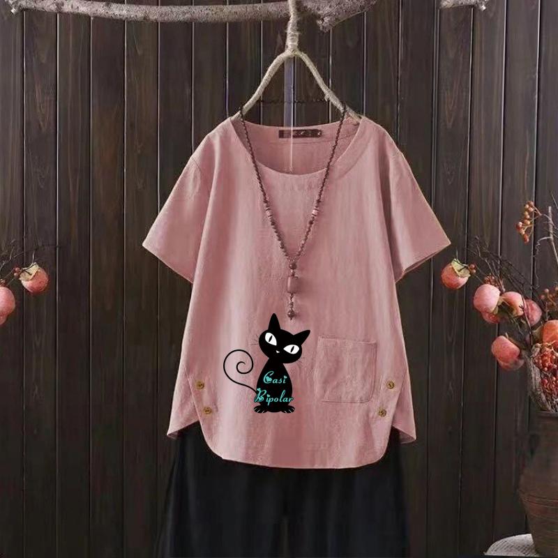 Women's Fashion Black Cat Prined Summer Casual Loose Short Sleeve T-shirt Summer Blouse Tops