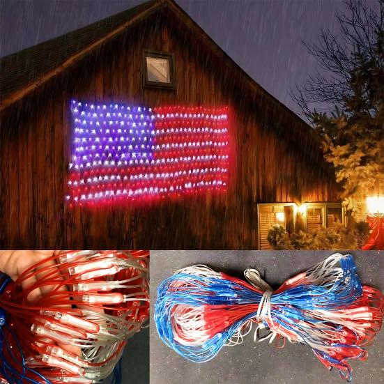 Amerikanische Flagge Netzlicht mit 420 ultrahellen LEDs Wasserdichte LED-Flaggen-Lichterkette für Hof Garten Gedenktag Unabhängigkeitstag