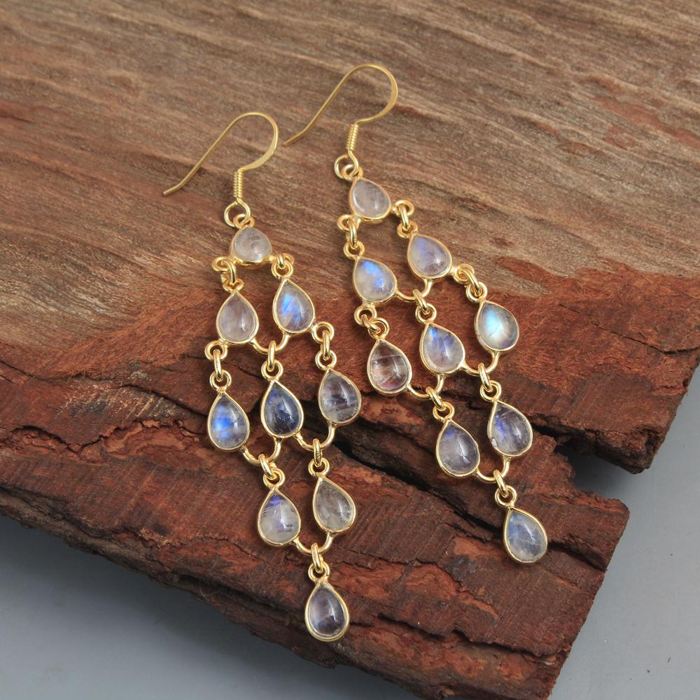 Yellow Gold Plated Moonstone Garnet Labradorite Dangle Earring 925 Sterling Silver Handmade Jewelry