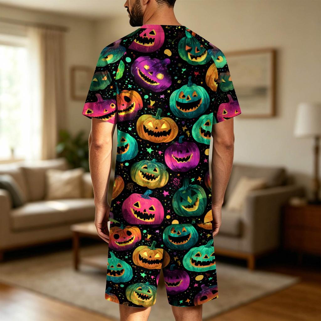Men's Halloween Casual Pajama Set Short Sleeve Top and Shorts Comfortable Lightweight Sleepwear for Home Relaxation