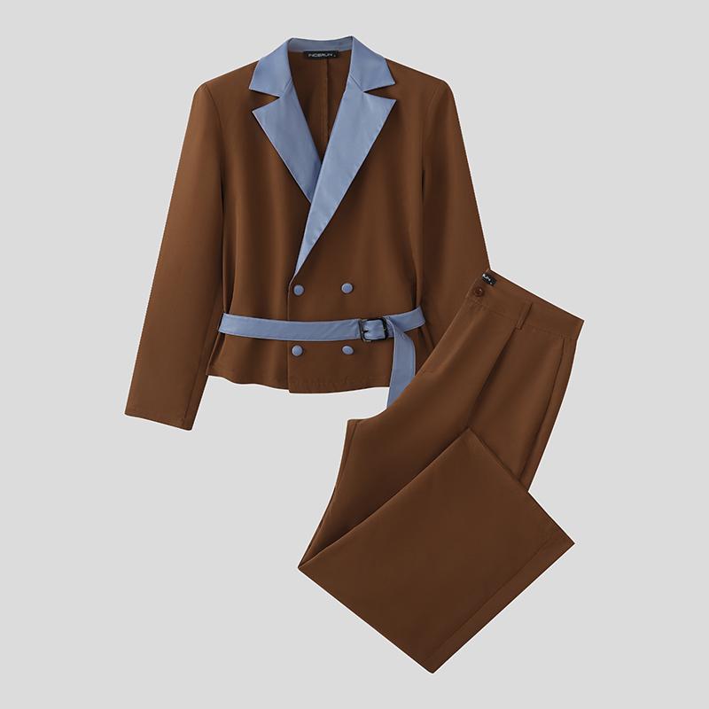 

INCERUN Two Piece Suit Men Stitching Lapel Long Sleeve Thin Blazer Long Pants Casual Outfits Sets 5XL коричневий